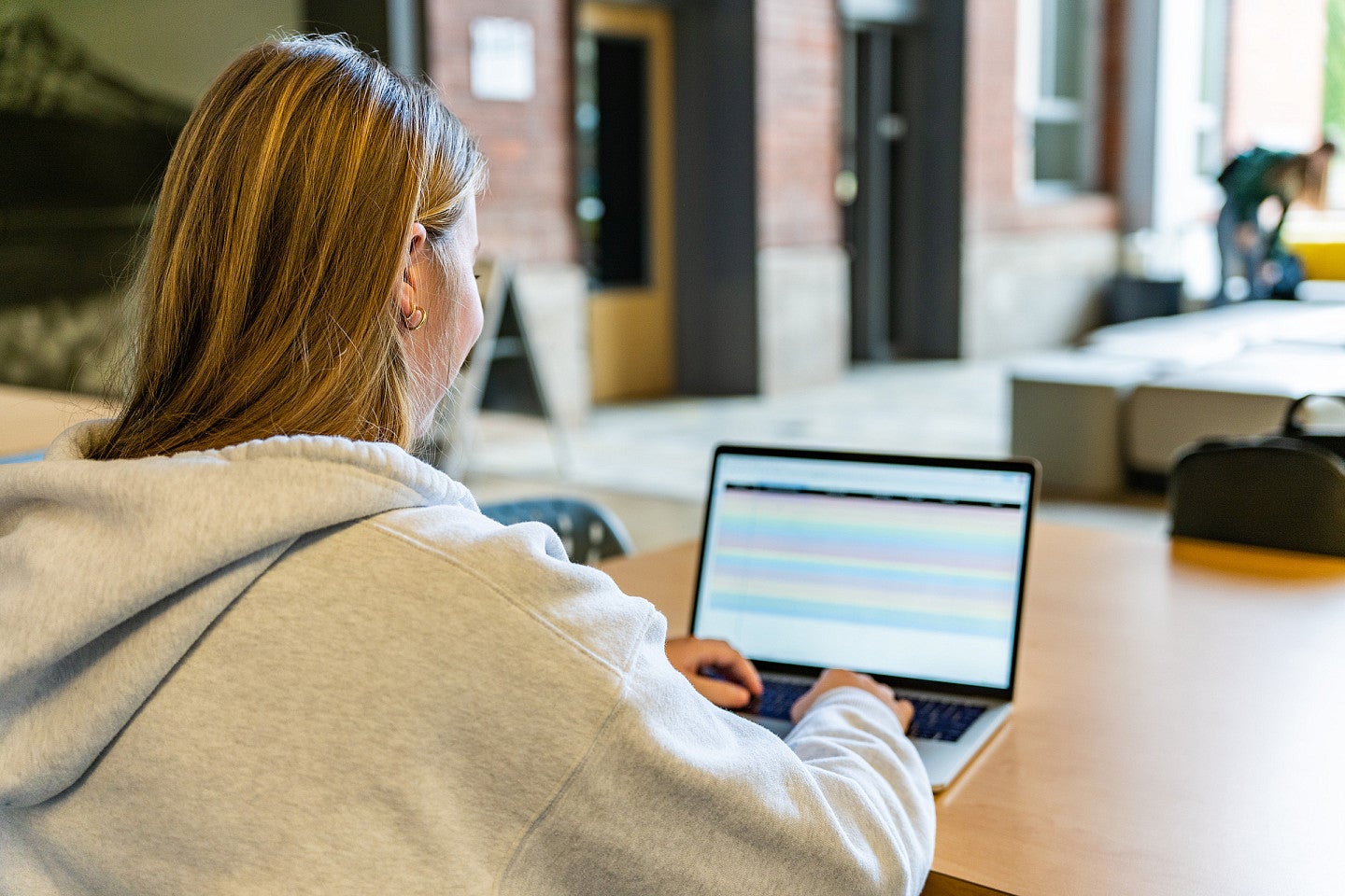 Erin Tooley types at a laptop displaying a color coded spreadsheet