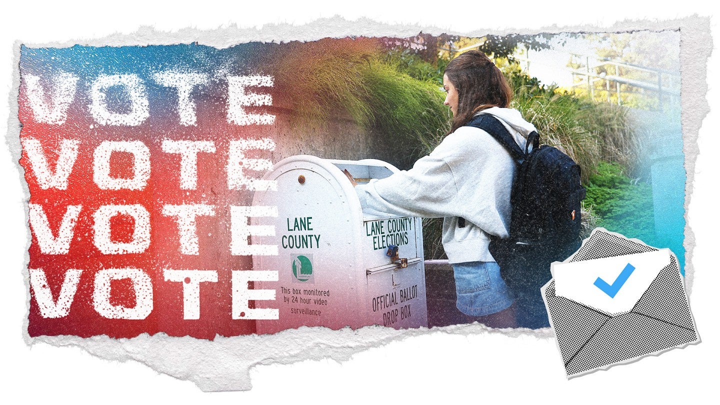 a student voter drops a ballot in a Lane County Elections box on the University of Oregon campus