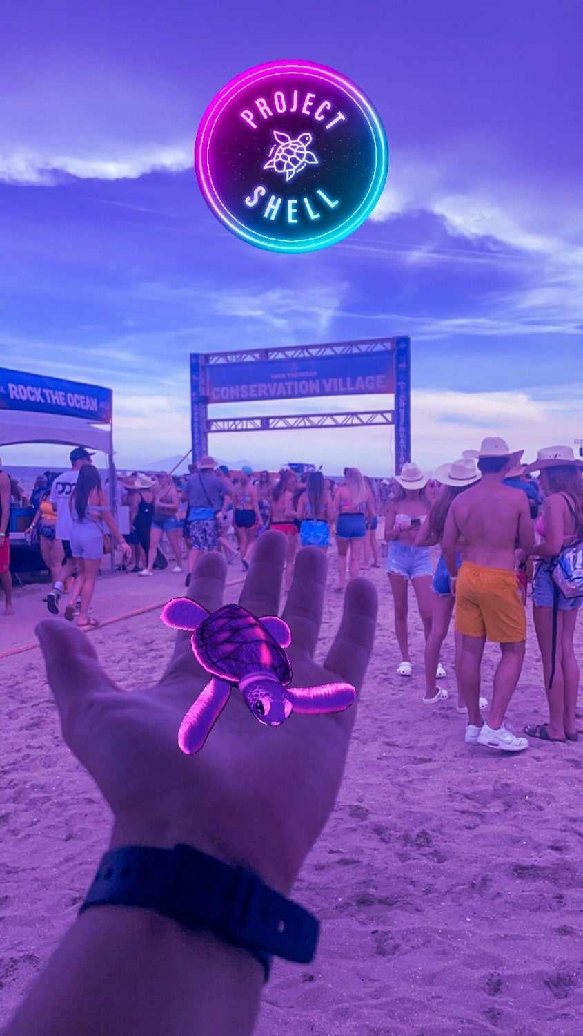 a digital composite showing a purple-tinted AR lens with a small sea turtle appearing on a person's hand and the logo for Project Shell