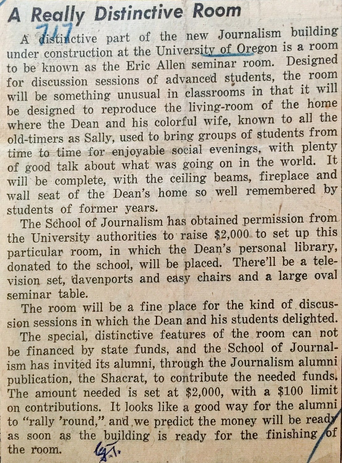 a newspaper clipping from 1953 about the creation of the Allen Room