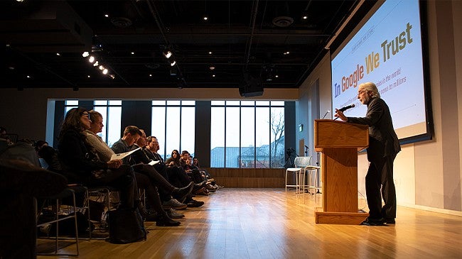 Richard Gingras speaking at the 2019 Ruhl Lecture In Google We Trust event 