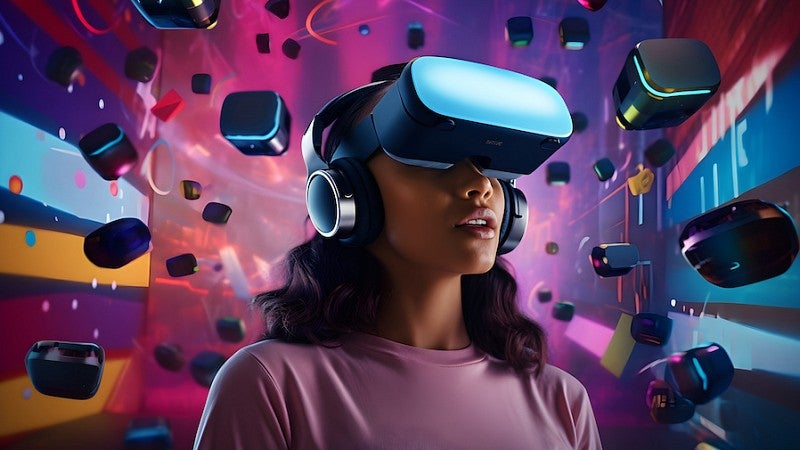 digital illustration of person wearing VR gear surrounded by vibrant colors and floating VR tech