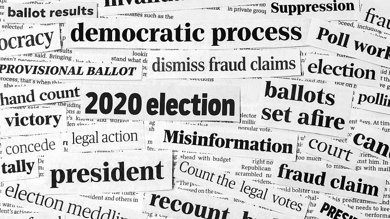 digital composite image of news headlines related to elections and fake news