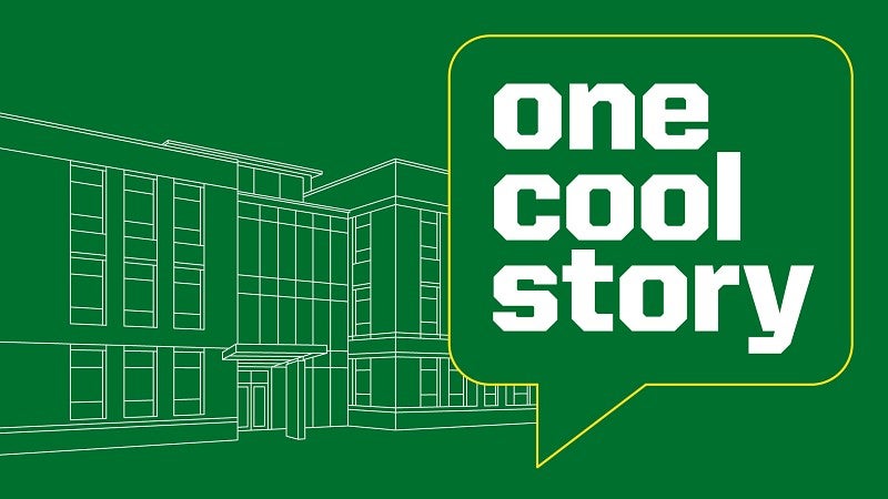 graphic showing an outline of Allen Hall with the words "one cool story"