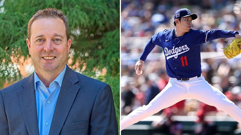 composite of a portrait of Paul Swangard next to a photo of a Los Angeles Dodgers baseball player