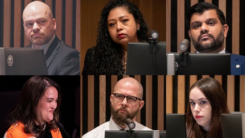 Portland city councilors Mitch Green (top left), Candace Avalos, Sameer Kanal, Tiffany Koyama Lane, Jamie Dunphy and Angelita Morillo.