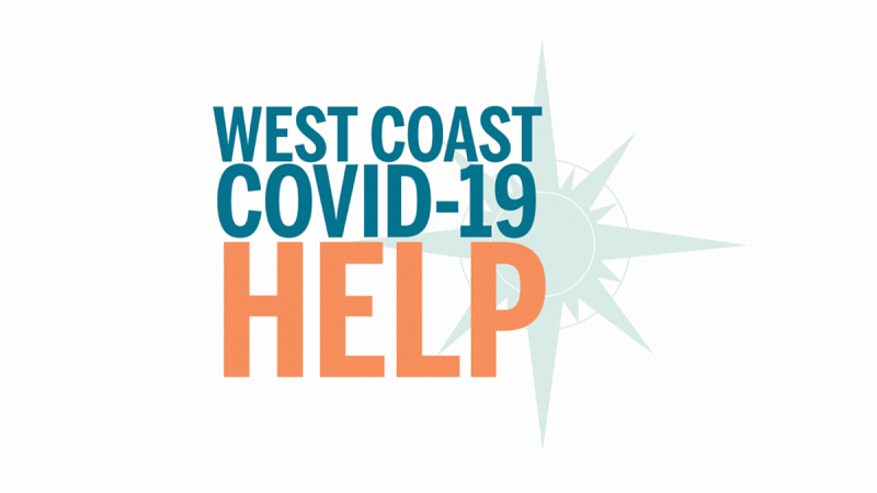 The words "West Coast COVID-19 Help" are displayed across a blue compass. The words "West Coast COVID-19 Help" are displayed across a blue compass.