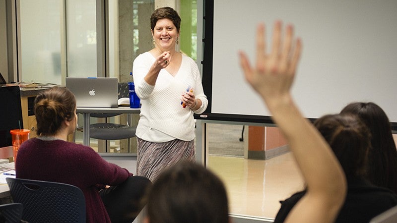 Lori Shontz calling on a student during class. 