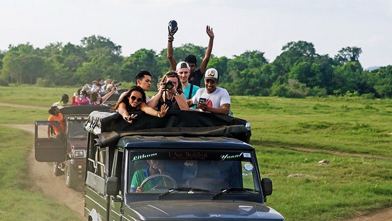 People riding in Jeeps taking photos. 