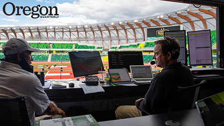 Paul Swangard in the broadcast booth at Hayward Field