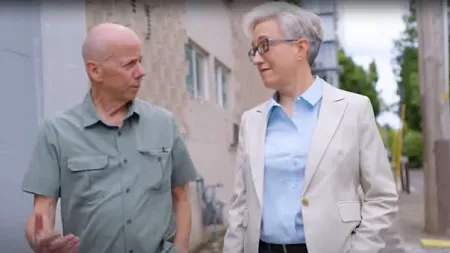 Gubernatorial candidate Tina Kotek speaks with constituent