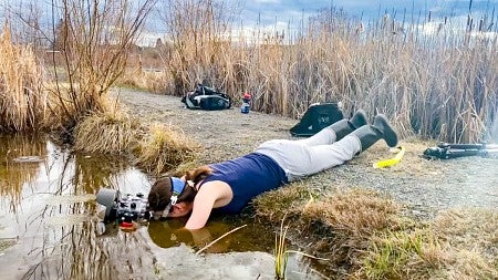 Eden McCall lays on the bank of a small body of water with her head and arms submerged as she uses an underwater camera