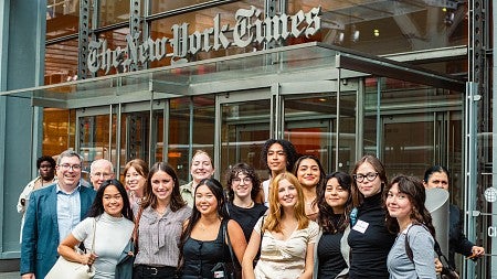 SOJC journalism students in front of the New York Times building in New York City