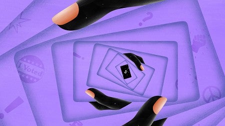 a digital illustration showing black fingers intertwined with purple shapes and symbols