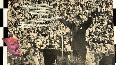 digital collage of a person speaking to a large crowd with text about demons overlaid