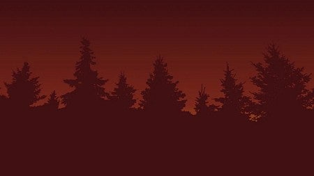 evergreen trees silhouetted against a hazy red sky