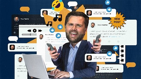 digital collage of JD Vance surrounded by social media posts and graphics