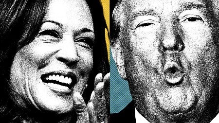 digital illustration of Kamala Harris next to Donald Trump