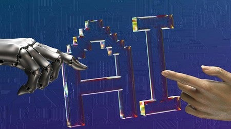 digital illustration of a robotic hand reaching toward a human hand in front of the letters AI