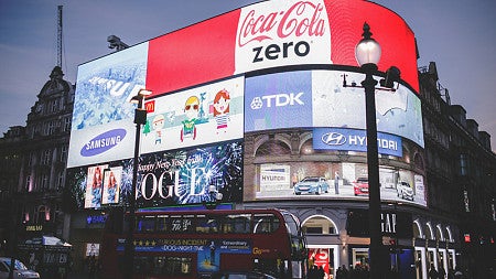 Advertising billboards in London, England.
