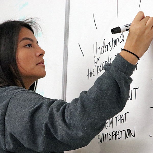a person wearing a grey hoodie writes on a whiteboard