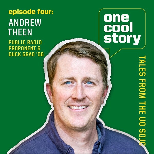 A podcast graphic with a headshot of Andrew Theen to promote an episode of the One Cool Story podcast